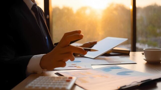 Financial manager analyzing and summarizing financial data in the office