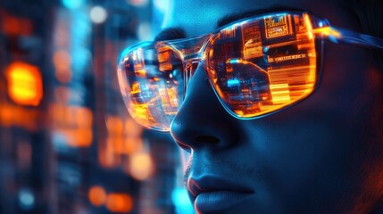 Close-up of a person wearing glasses, with multiple red and yellow data points reflecting in the lenses.