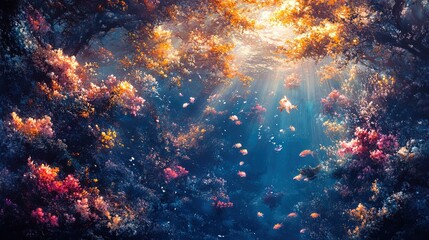 Fototapeta premium Fantasy underwater scene with radiant highlights and intricate aquatic rays