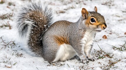 Fototapeta premium Close-up of a Grey Squirrel with a Fluffy Tail Sitting in the Snow on a Cold Winter Day