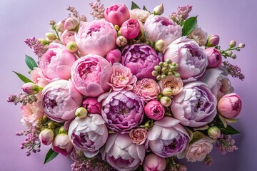 Lilac whispers surround a breathtaking aerial view of a vibrant peony and rose bouquet.