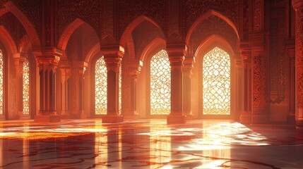 Sunlit Palace Hall, Intricate Arches, Middle Eastern Architecture, Background Design