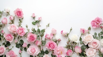 luxurious pink rose garland with gradient pink tones, natural stem arrangement, verdant foliage details, loose scattered petals, clean white backdrop, high-end floral photography, romantic valentine