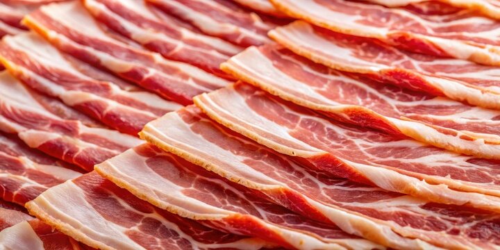 Close-up view of fresh pork bacon slices with visible marbling ,  raw, bacon, pork