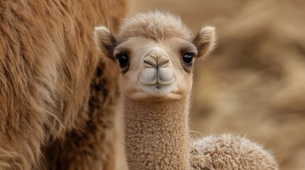 Fototapeta premium Close-up shot of a young camel standing with its mother in a natural setting