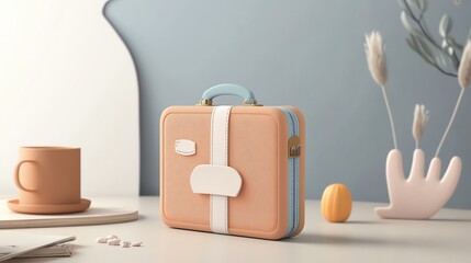 A stylish, modern suitcase on a minimalist table, accompanied by a cup and decorative elements, showcasing a contemporary aesthetic.