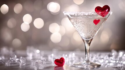 Obraz premium sophisticated cocktail scene with frost-kissed martini glass, effervescent clear liquid, vibrant red heart accents, ethereal bokeh lighting effects, pearlescent gray background, luxury beverage
