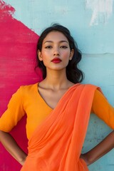 Fototapeta premium Empowerment and Strength Young Woman in Traditional Sari for Nari Dibas, Independence Day, and International Womens Day