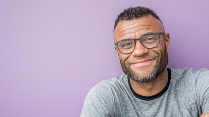Happy Middle Aged Man Smiling  Glasses  Purple Background