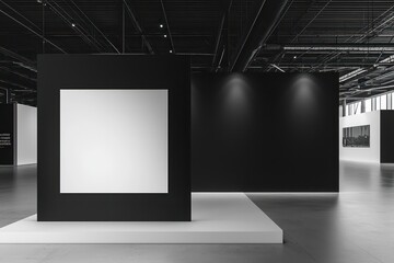 Minimal black and white exhibition stand with branding space on the left.