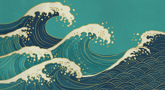 浮世絵風の波、和風背景素材、japanese style, brush texture, japanese traditional pattern, washi paper, ukiyo-e style waves