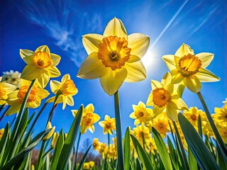 Fototapeta premium Netherlands daffodils: a low-angle shot showcasing sunny yellow blooms and azure skies.