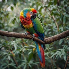 A parrot with a rainbow-colored tail sitting on a branch.

