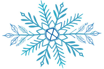Watercolor snowflake, blue and turquoise gradient, delicate branches, hexagonal symmetry, winter motif, crystalline structure, icy tones, frosty design, hand-painted effect, transparent layers, whimsi