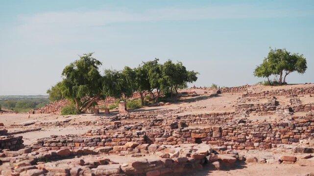 4K shot of ancient civilization ruins of Harappan city in Dholavira, Kutch, India. The ancient city of Dholavira UNESCO World Heritage Centre. Archaeological site of Indus valley civilization.