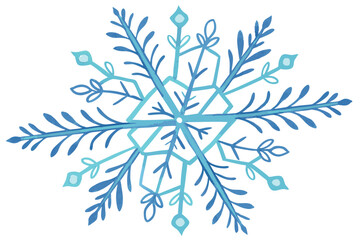 Watercolor snowflake, blue and turquoise gradient, delicate branches, hexagonal symmetry, winter motif, crystalline structure, icy tones, frosty design, hand-painted effect, transparent layers, whimsy