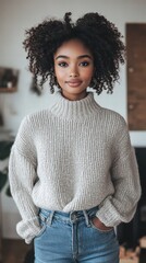 Woman with a small frame, wearing a cozy sweater and jeans, standing in a cozy home setting, with a joyful and content expression.