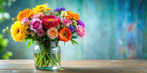Bright, colorful bouquet of flowers in a clear glass vase ,  flowers, vibrant, vibrant colors, cheerful, arrangement, floral