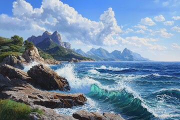 Dramatic rocky coastline with crashing waves serene ocean view landscape photography natural environment wide angle perspective