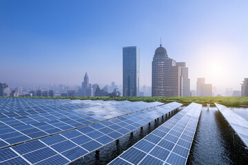 Modern Urban Energy Solutions: Solar Panels in a Vibrant City Setting