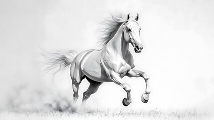 Majestic white horse galloping across a field, dust flying behind it.