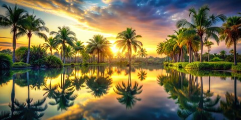 Peaceful nature's serenity: a palm tree mirrored in a still reflection pond.