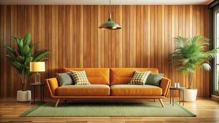 1970s inspired living room featuring a modern sofa, retro, vintage, interior design