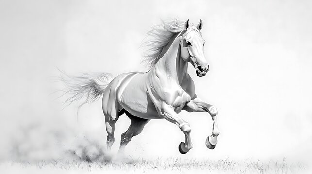 Majestic white horse galloping across a field, dust flying behind it.