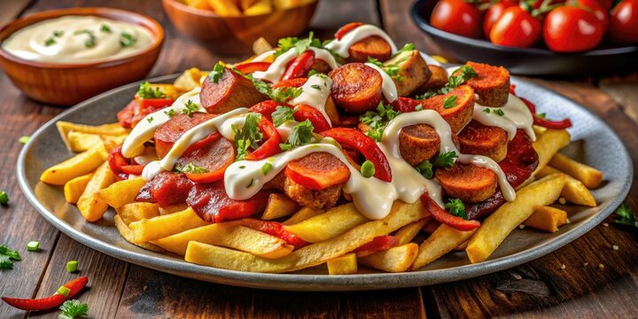 Peruvian street food delight: salchipapas &acirc;&euro;&ldquo; fries, sausage, and flavorful sauces.