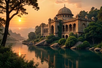 Obraz premium A Majestic Stone Building With A Dome And Arched Windows Stands Amidst Lush Greenery On The Banks Of A Serene Lake