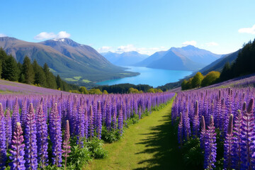 Lupine fields in New Zealand with vibrant blooms representing natural splendor 