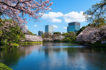 Fototapeta premium Cherry blossoms in full bloom tokyo nature photography serene urban landscape springtime beauty