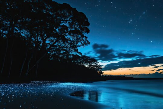 A serene night landscape showing the glowing shoreline of Jervis Bay, with silhouettes of trees in the background.