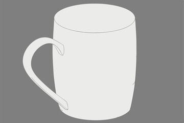 White ceramic mug, simple design, cylindrical shape, smooth surface, plain handle, 3D render, studio lighting, gray background, grid pattern floor, minimalist aesthetic, product photography, high deta