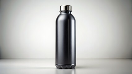 Sleek black water bottle: 3D rendered product shot with pristine white background.  Realistic design.