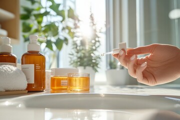Minimalist Skincare Ritual Organic Serum Application in Sunlit Marble Bathroom - Elevate Wellness Content and Sustainable Beauty Branding