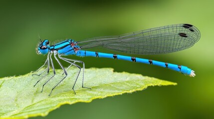 Close-up of a vibrant blue damselfly resting gently on a green leaf detailed view