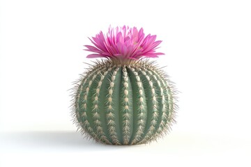 A detailed 3D rendering of a small round cactus with a vibrant pink flower blooming on top, set against a white background.