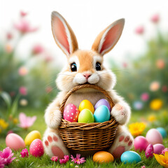 Easter bunny with basket of colored eggs on floral background. Easter background, banner