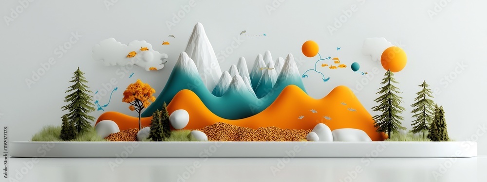Poster a 3d rendered abstract landscape depicting the complex dynamics and patterns of an ecosystem s respo