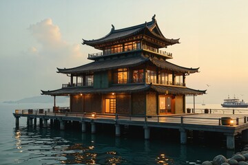A Majestic Asian-Style Building With A Pagoda Roof Stands Proudly On The Water'S Edge Its Intricate Details And Vibrant Colors Adding To Its Allure