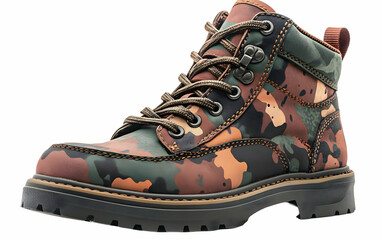 Camo boot studio shot, autumn, isolated background, e-commerce