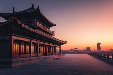 A serene sunset over the Qing Long Temple in Xi'an, China, where the fading light creates a tranquil scene with soft colors illuminating the temple.