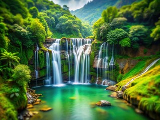 Sunglungyen Waterfall's cascading beauty, captured in stunning aerial tilt-shift photography from Shanlinshi, Nantou.