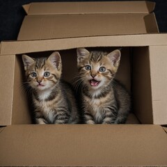 A pair of kittens playing hide-and-seek inside a cardboard box.