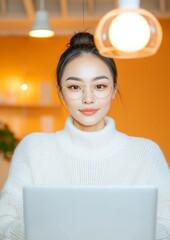 Chic Visionary Workspace Asian Professional, 25, in Modern Eyeglasses and Cozy Knitwear - Enhancing...