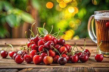 Tilt-shift captures succulent cherries & Belgian beer.  Enjoy the vibrant reds; ample copy space.