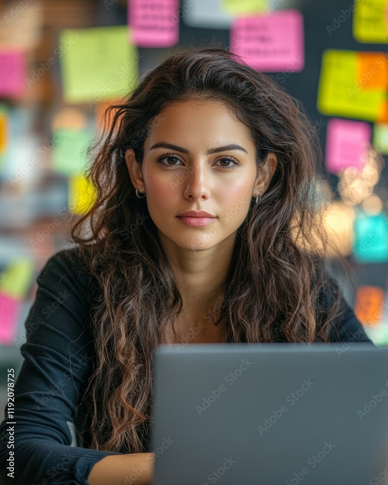 Poster cinematic coworking hub young latina innovator at shared desk with laptop and sticky notes - elevati