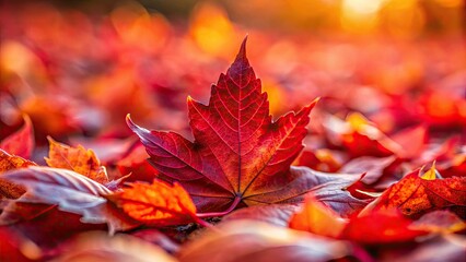Tilt-shift photography captures a vibrant red autumn leaf texture, perfect for seasonal backgrounds.
