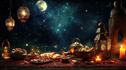 Festive Night Feast Middle Eastern Ramadan Dinner under starry sky